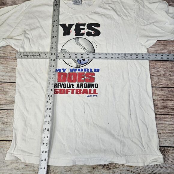 Vintage My World Does Revolve Around Softball Royal Avalon White Large Stained - Picture 5 of 7